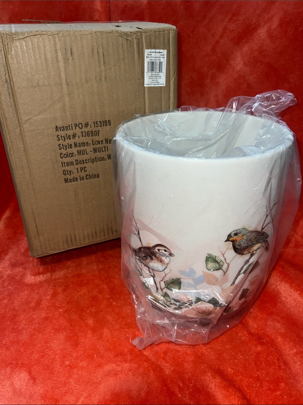NIB Love Nest By Avanti - Bird Print Ceramic Trash Can - bedroom/Bathroom
